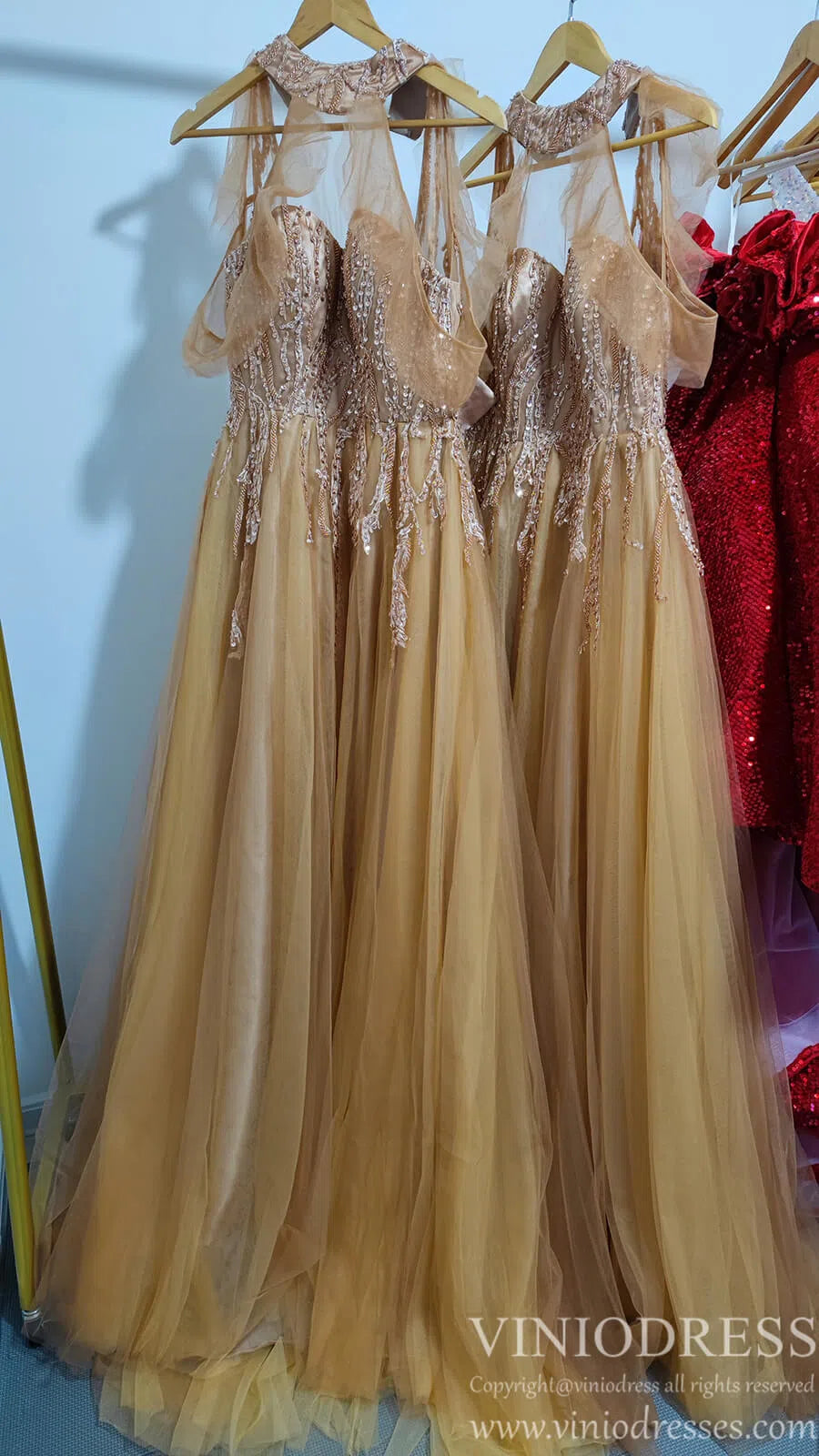 Cold Shoulder Dark Gold Prom Dresses Halter Neck FD1454-prom dresses 2025 -Viniodress-Gold-Custom Size-