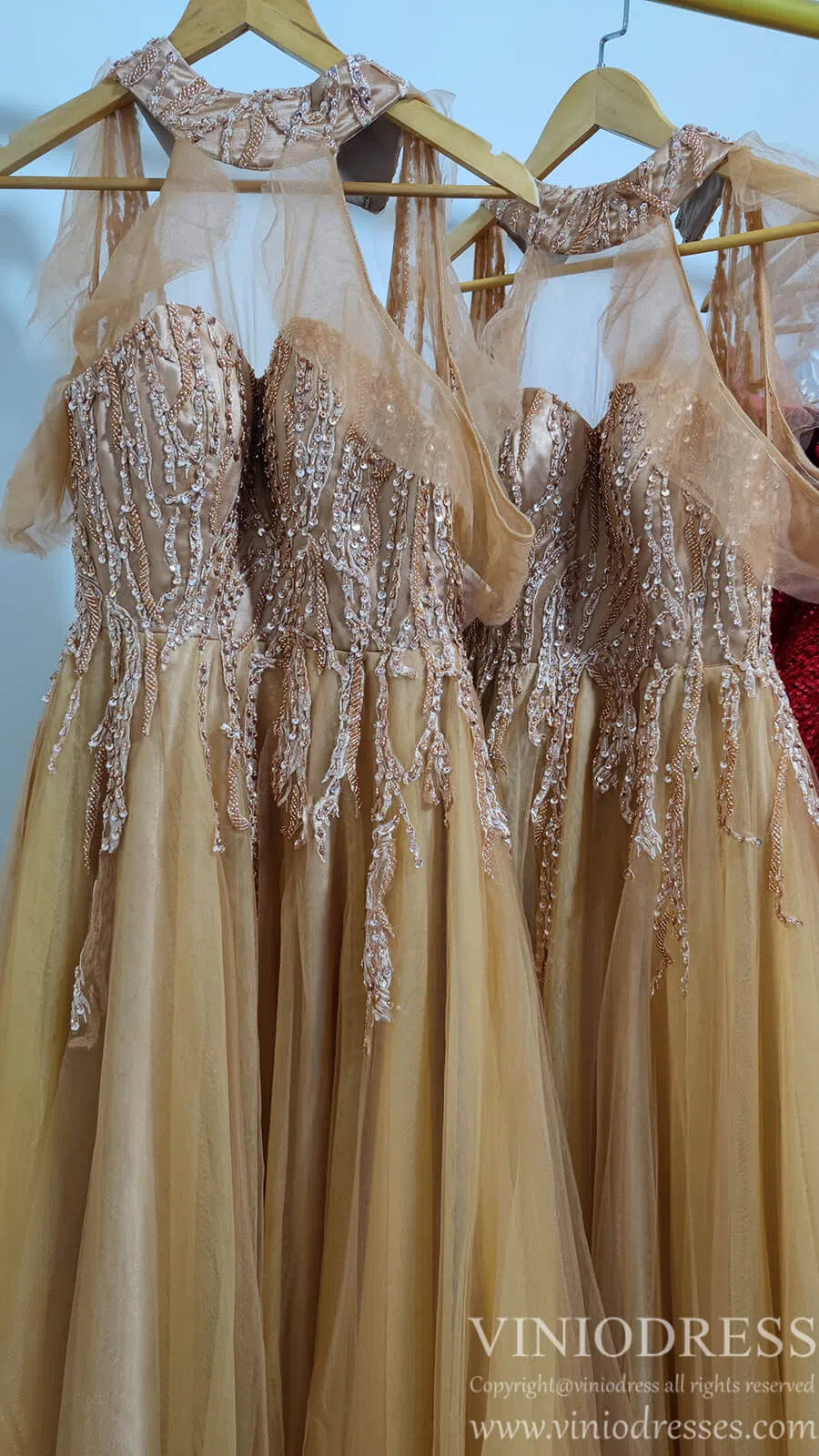 Cold Shoulder Dark Gold Prom Dresses Halter Neck FD1454-prom dresses 2025 -Viniodress-Gold-Custom Size-