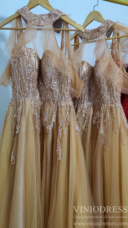 Cold Shoulder Dark Gold Prom Dresses Halter Neck FD1454-prom dresses 2025 -Viniodress-Gold-Custom Size-