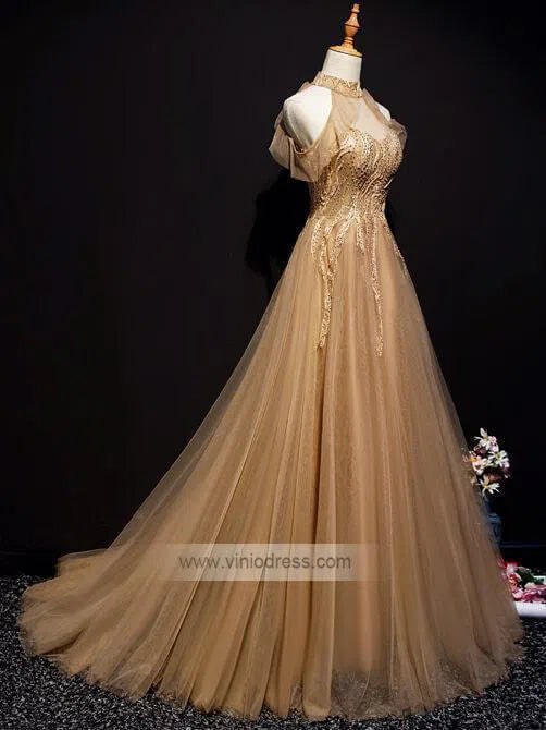 Prom Dress 2025 Cold Shoulder Dark Gold Prom Dresses Halter Neck FD1454-unique prom dresses-Gold-Custom Size-Viniodress