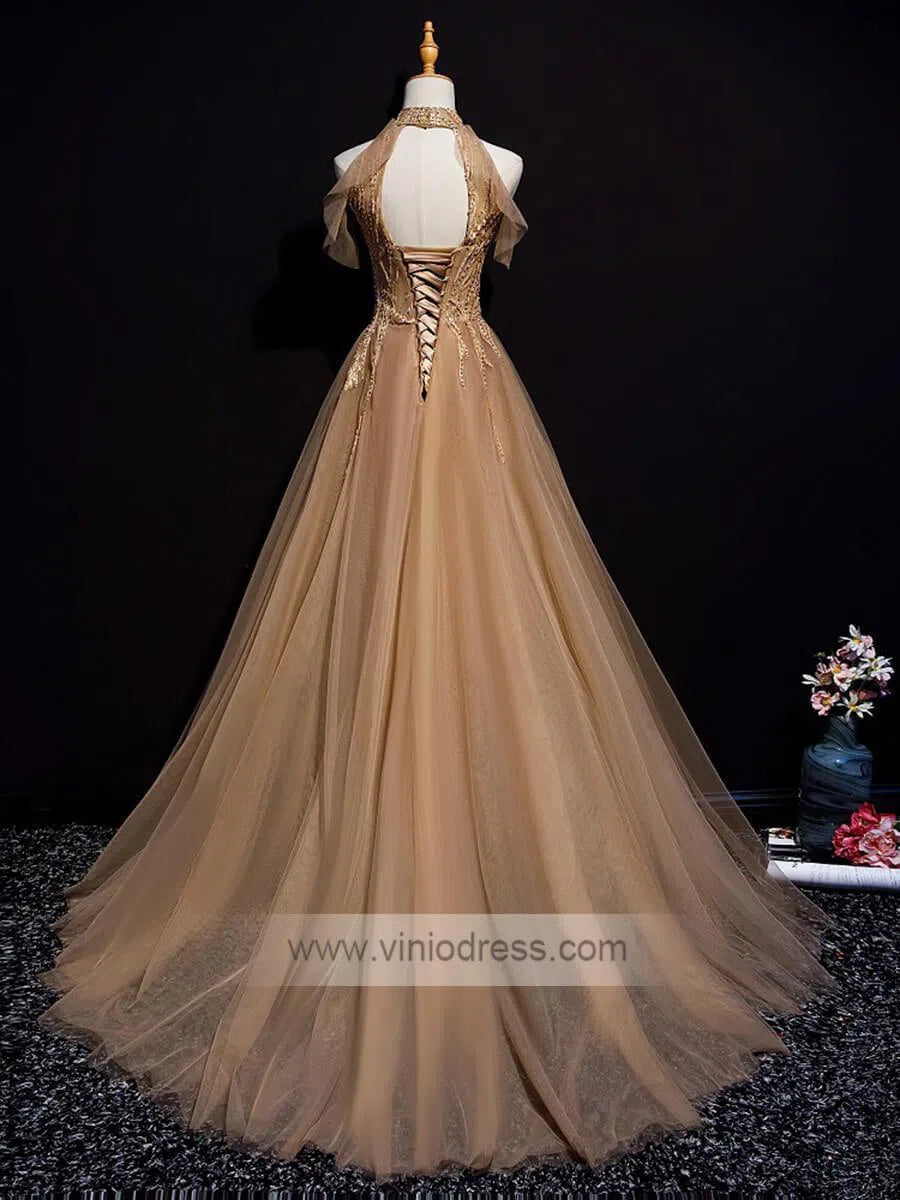 Prom Dress 2025 Cold Shoulder Dark Gold Prom Dresses Halter Neck FD1454-unique prom dresses-Gold-Custom Size-Viniodress