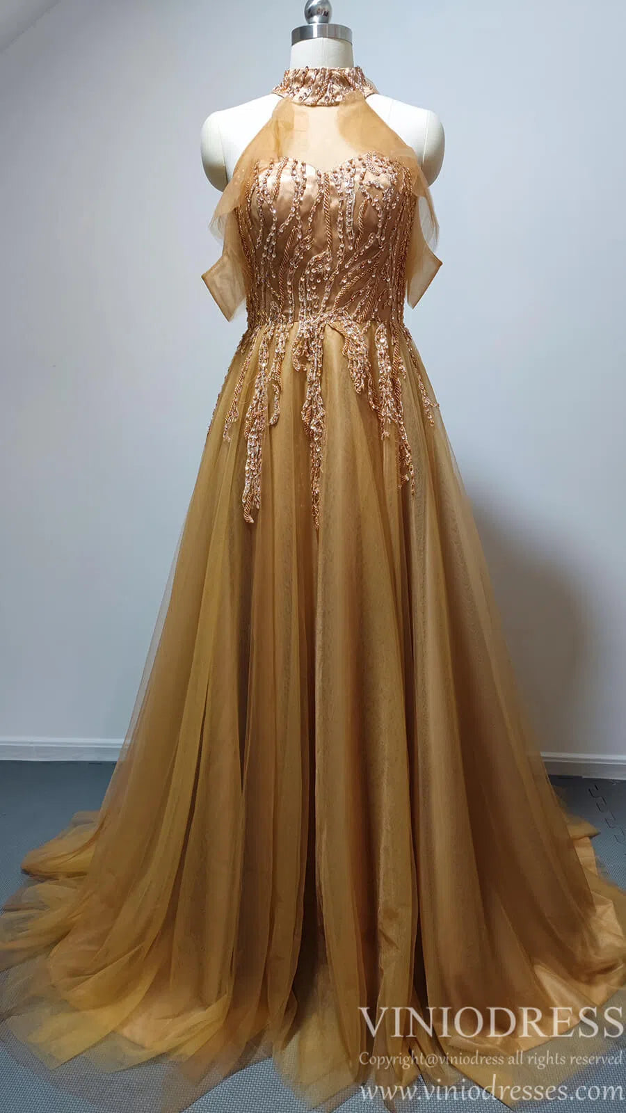 Prom Dress 2025 Cold Shoulder Dark Gold Prom Dresses Halter Neck FD1454-unique prom dresses-Gold-Custom Size-Viniodress