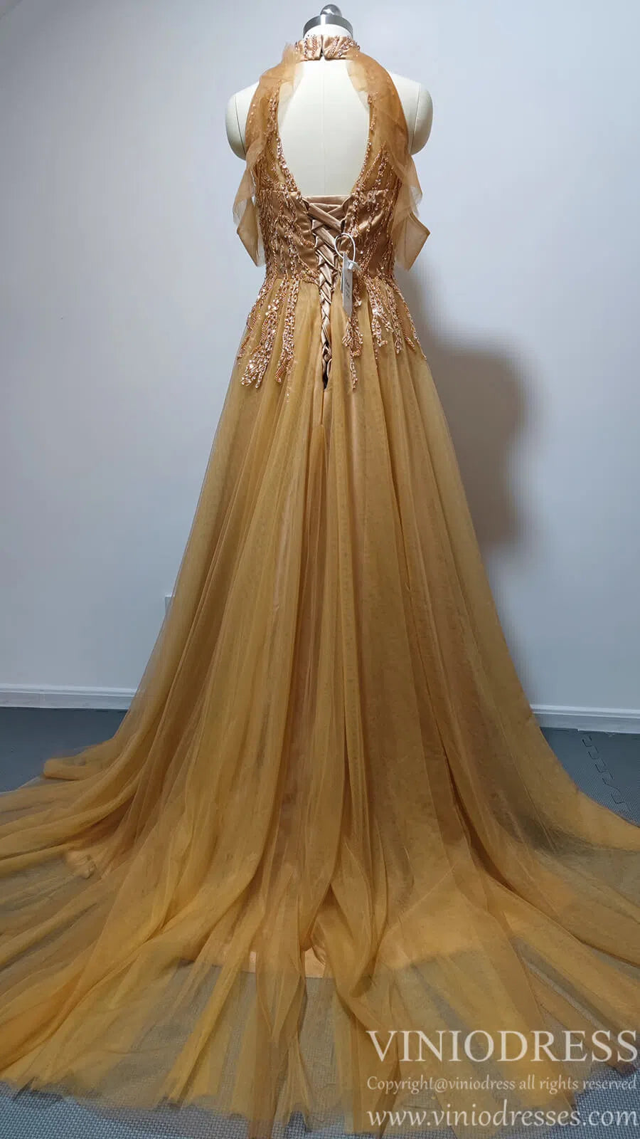 Prom Dress 2025 Cold Shoulder Dark Gold Prom Dresses Halter Neck FD1454-unique prom dresses-Gold-Custom Size-Viniodress