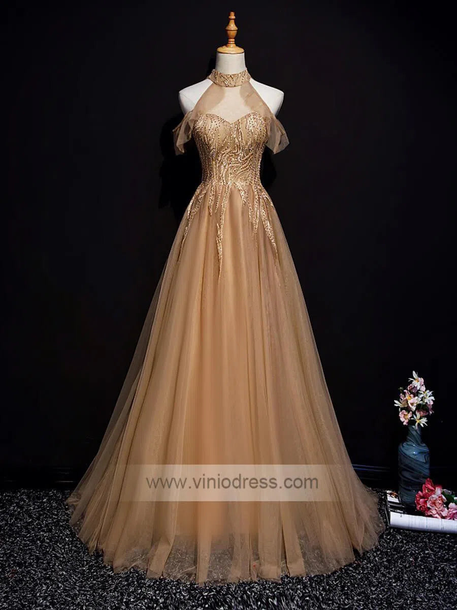 Prom Dress 2025 Cold Shoulder Dark Gold Prom Dresses Halter Neck FD1454-unique prom dresses-Gold-Custom Size-Viniodress