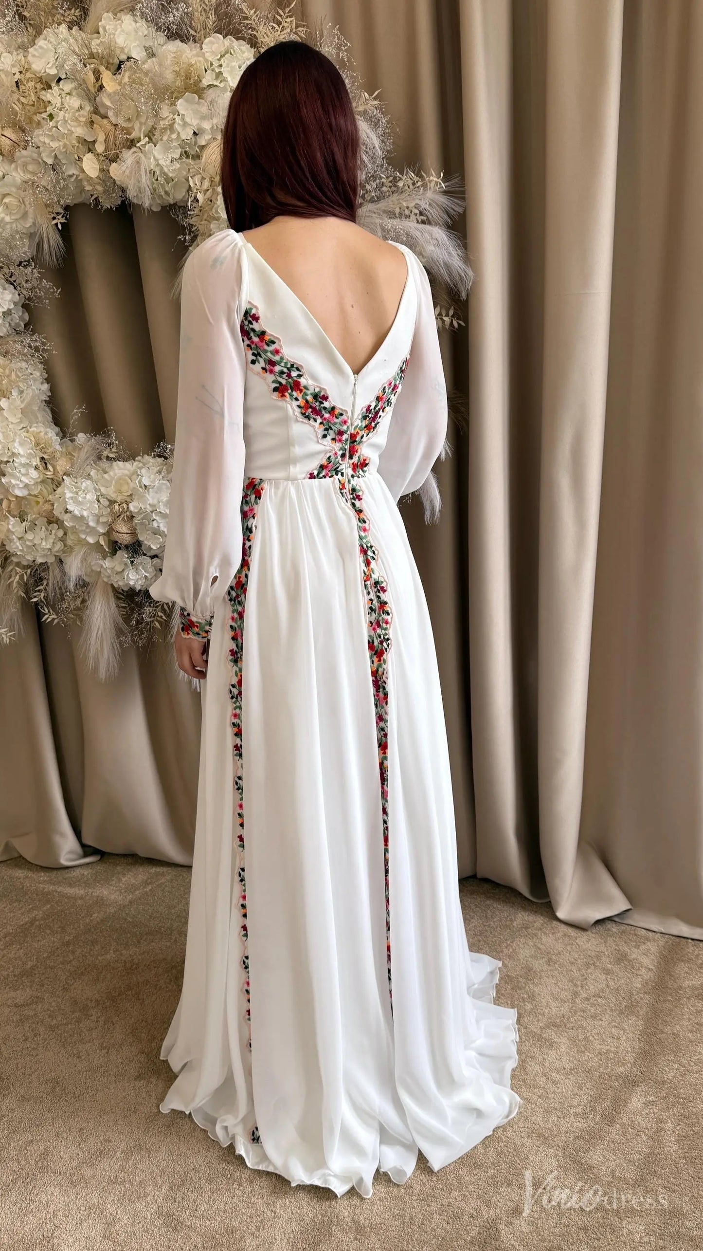 Colored Boho Floral Wedding Dress with Sleeves | A-Line Chiffon Garden Bridal Gown FW215-wedding dresses 2025 -Viniodress-Ivory-Custom Size-