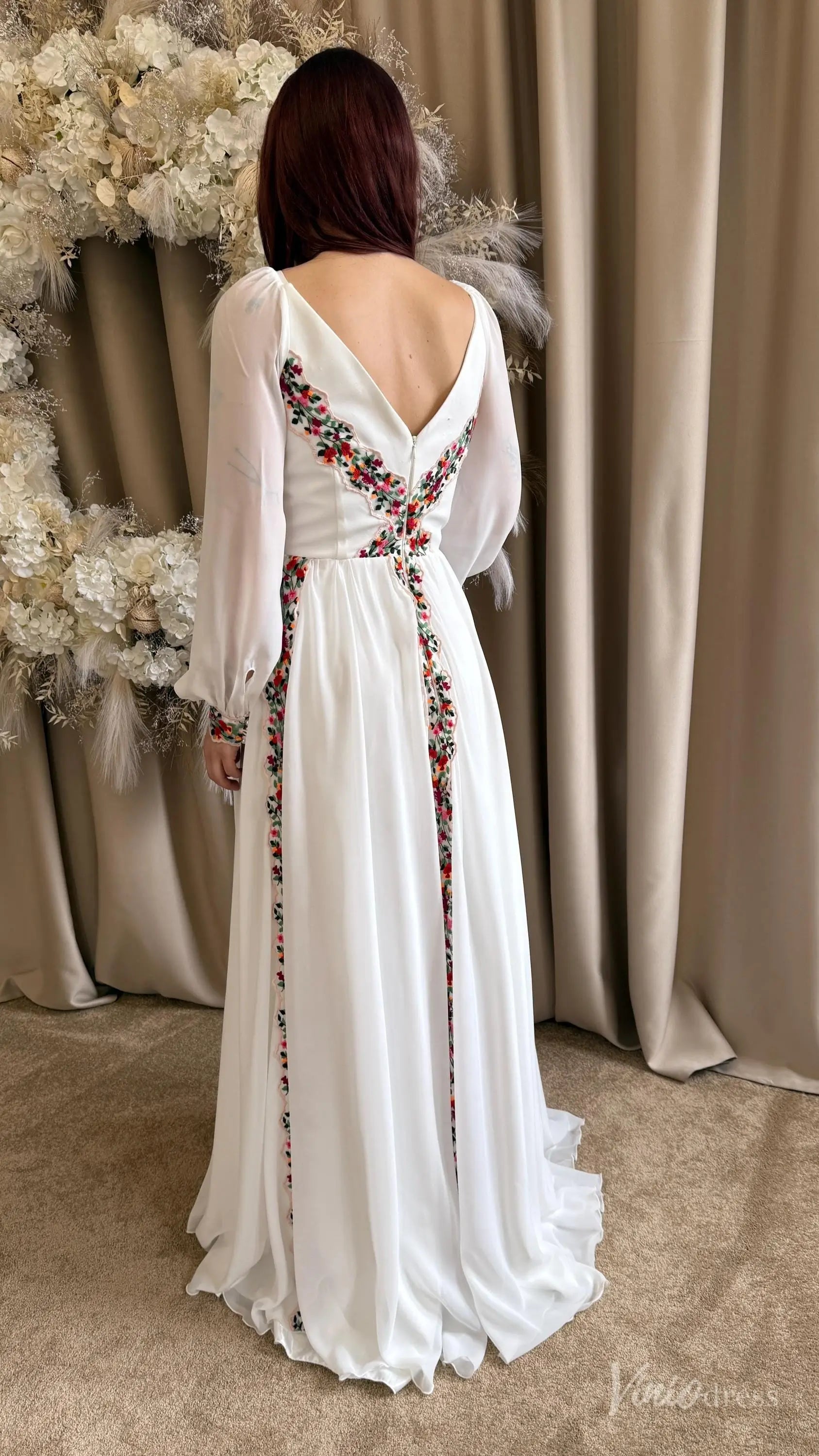 Colored Boho Floral Wedding Dress with Sleeves | A-Line Chiffon Garden Bridal Gown FW215-wedding dresses 2025 -Viniodress-Ivory-Custom Size-