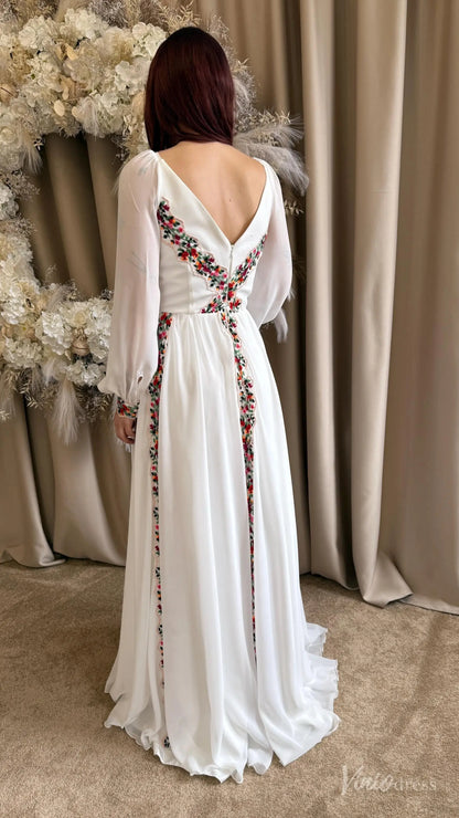 Colored Boho Floral Wedding Dress with Sleeves | A-Line Chiffon Garden Bridal Gown FW215-wedding dresses 2025 -Viniodress-Ivory-Custom Size-