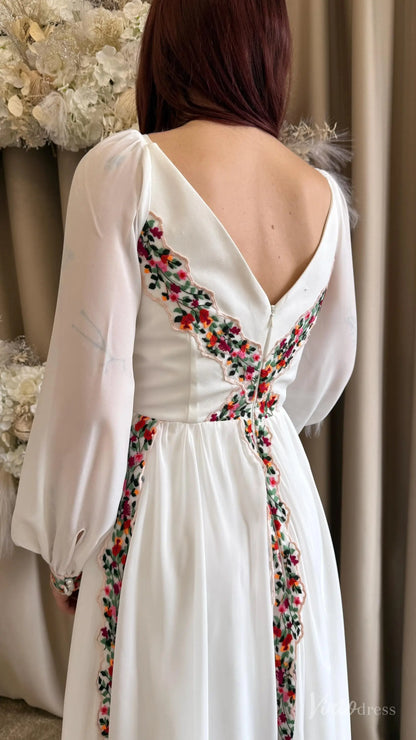 Colored Boho Floral Wedding Dress with Sleeves | A-Line Chiffon Garden Bridal Gown FW215-wedding dresses 2025 -Viniodress-Ivory-Custom Size-