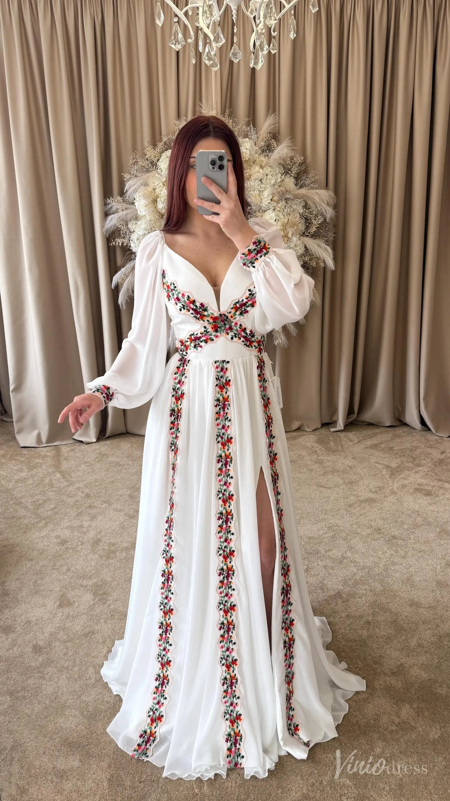 Colored Boho Floral Wedding Dress with Sleeves | A-Line Chiffon Garden Bridal Gown FW215-wedding dresses 2025 -Viniodress-Ivory-Custom Size-