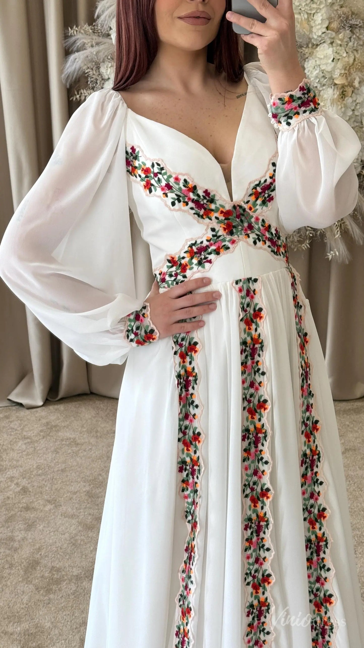 Colored Boho Floral Wedding Dress with Sleeves | A-Line Chiffon Garden Bridal Gown FW215-wedding dresses 2025 -Viniodress-Ivory-Custom Size-