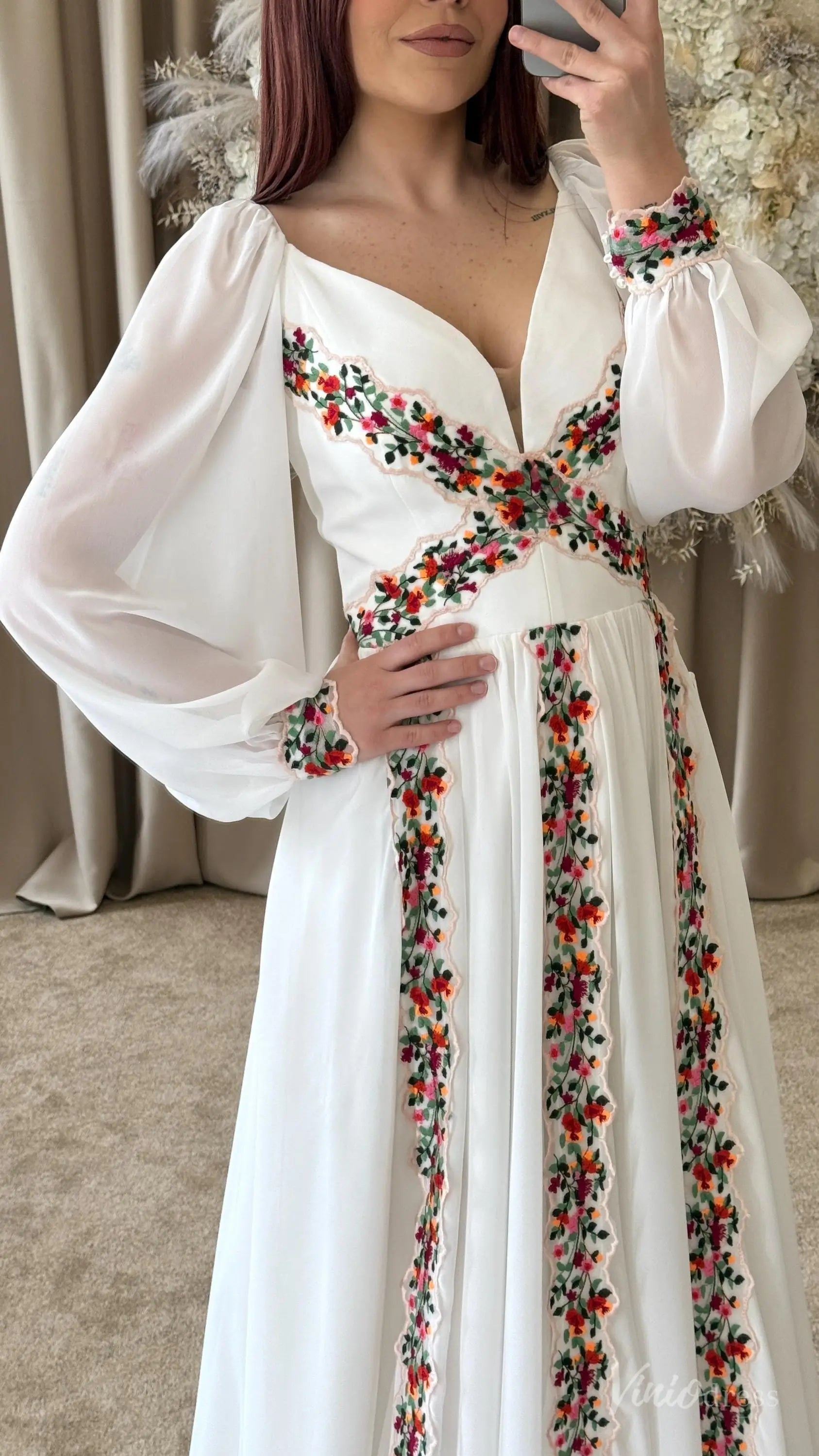 Colored Boho Floral Wedding Dress with Sleeves | A-Line Chiffon Garden Bridal Gown FW215-wedding dresses 2025 -Viniodress-Ivory-Custom Size-