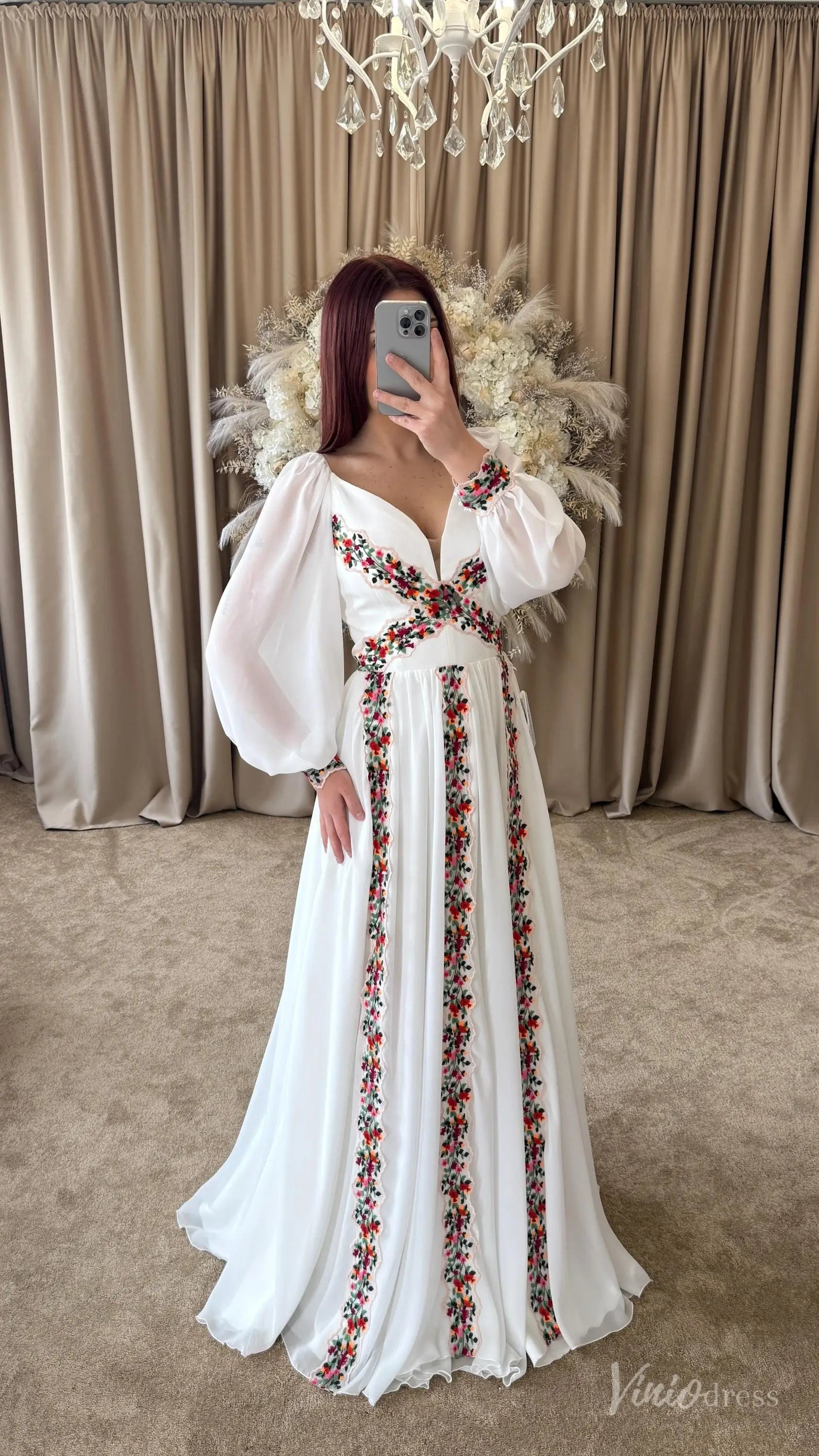 Colored Boho Floral Wedding Dress with Sleeves | A-Line Chiffon Garden Bridal Gown FW215-wedding dresses 2025 -Viniodress-Ivory-Custom Size-