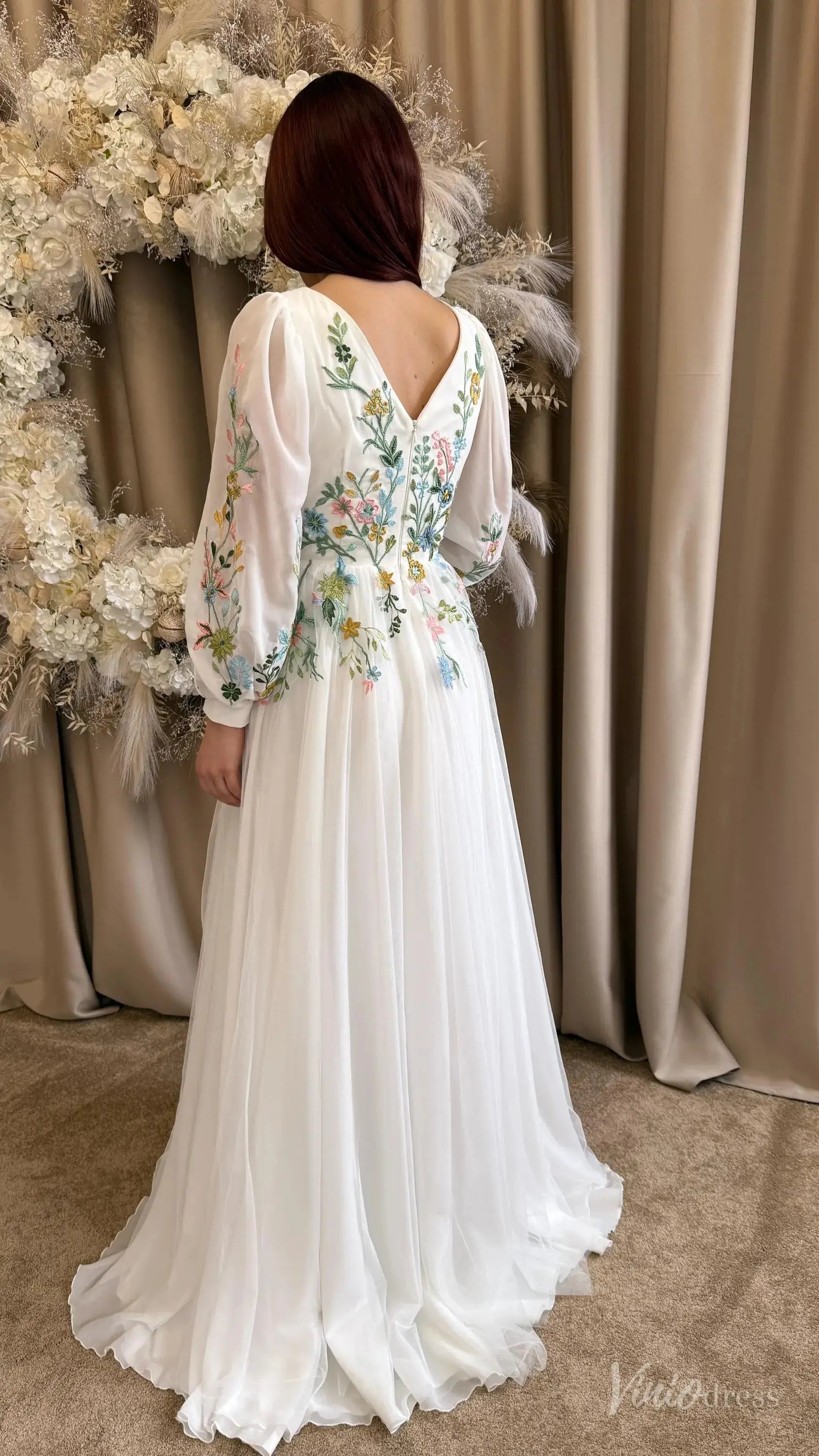 Colored Botanical Wedding Dress | Boho V-Neck Floral Embroidered Gown with Long Bishop Sleeves FW213-wedding dresses 2025 -Viniodress-Ivory-Custom Size-