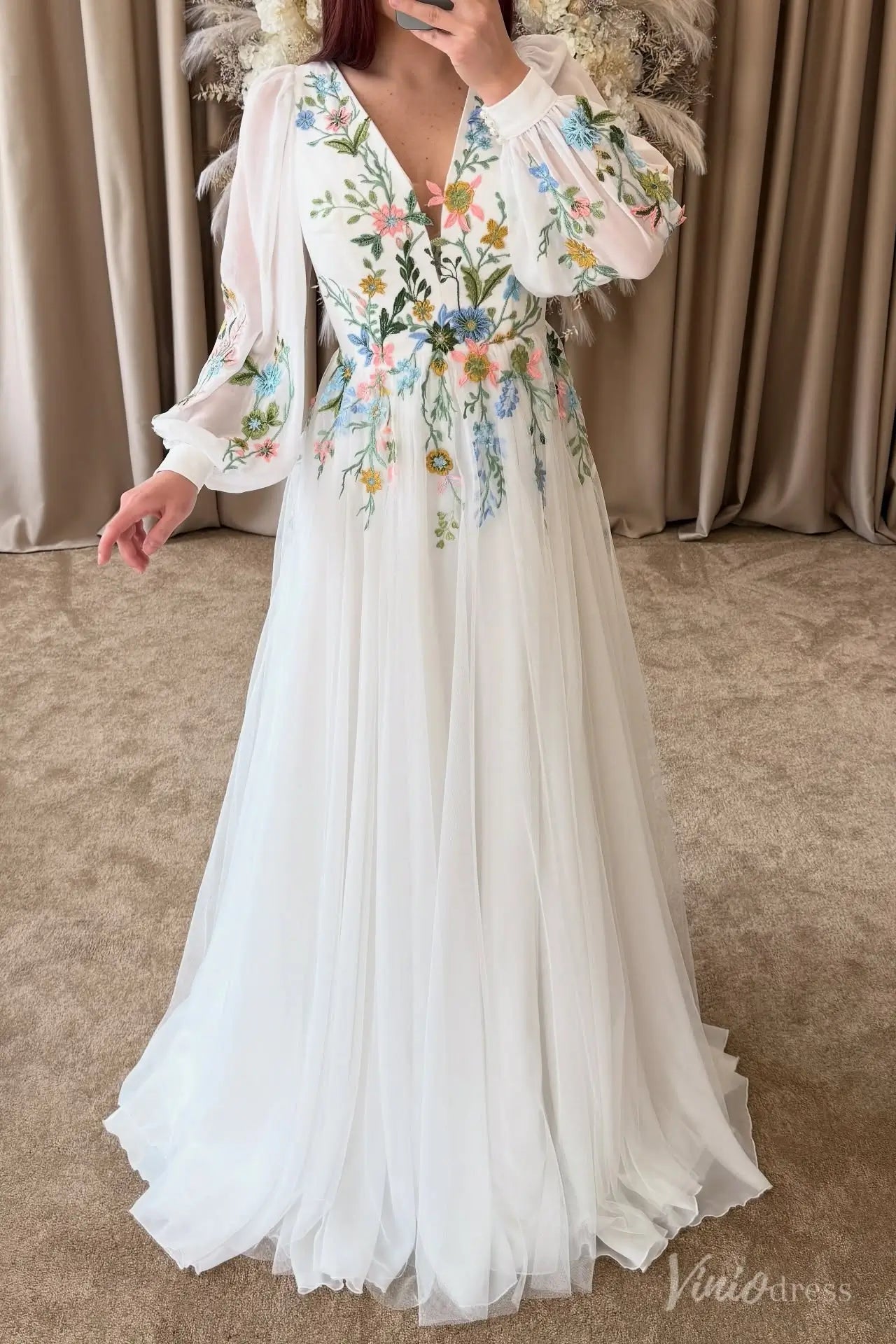 Colored Botanical Wedding Dress | Boho V-Neck Floral Embroidered Gown with Long Bishop Sleeves FW213-wedding dresses 2025 -Viniodress-Ivory-Custom Size-