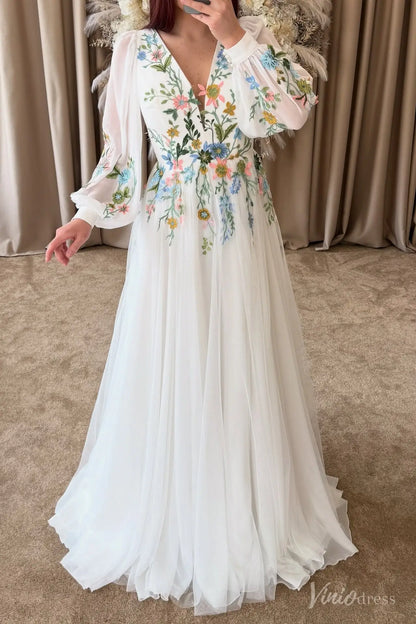 Colored Botanical Wedding Dress | Boho V-Neck Floral Embroidered Gown with Long Bishop Sleeves FW213-wedding dresses 2025 -Viniodress-Ivory-Custom Size-