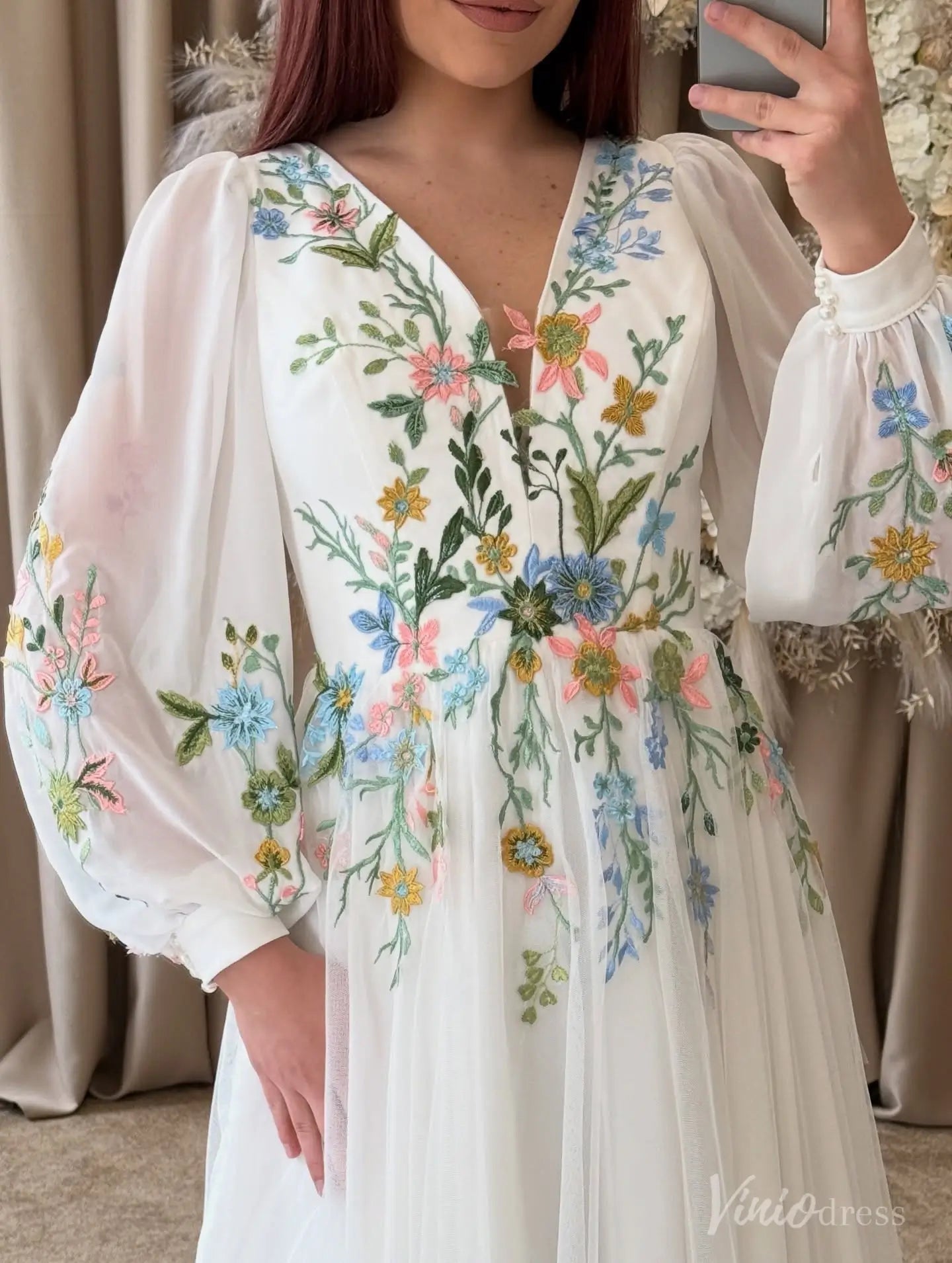 Colored Botanical Wedding Dress | Boho V-Neck Floral Embroidered Gown with Long Bishop Sleeves FW213-wedding dresses 2025 -Viniodress-Ivory-Custom Size-