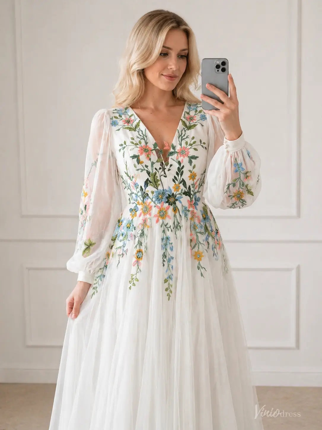 Colored Botanical Wedding Dress | Boho V-Neck Floral Embroidered Gown with Long Bishop Sleeves FW213-wedding dresses 2026-Viniodress-Ivory-Custom Size – Add Measurements in Cart-