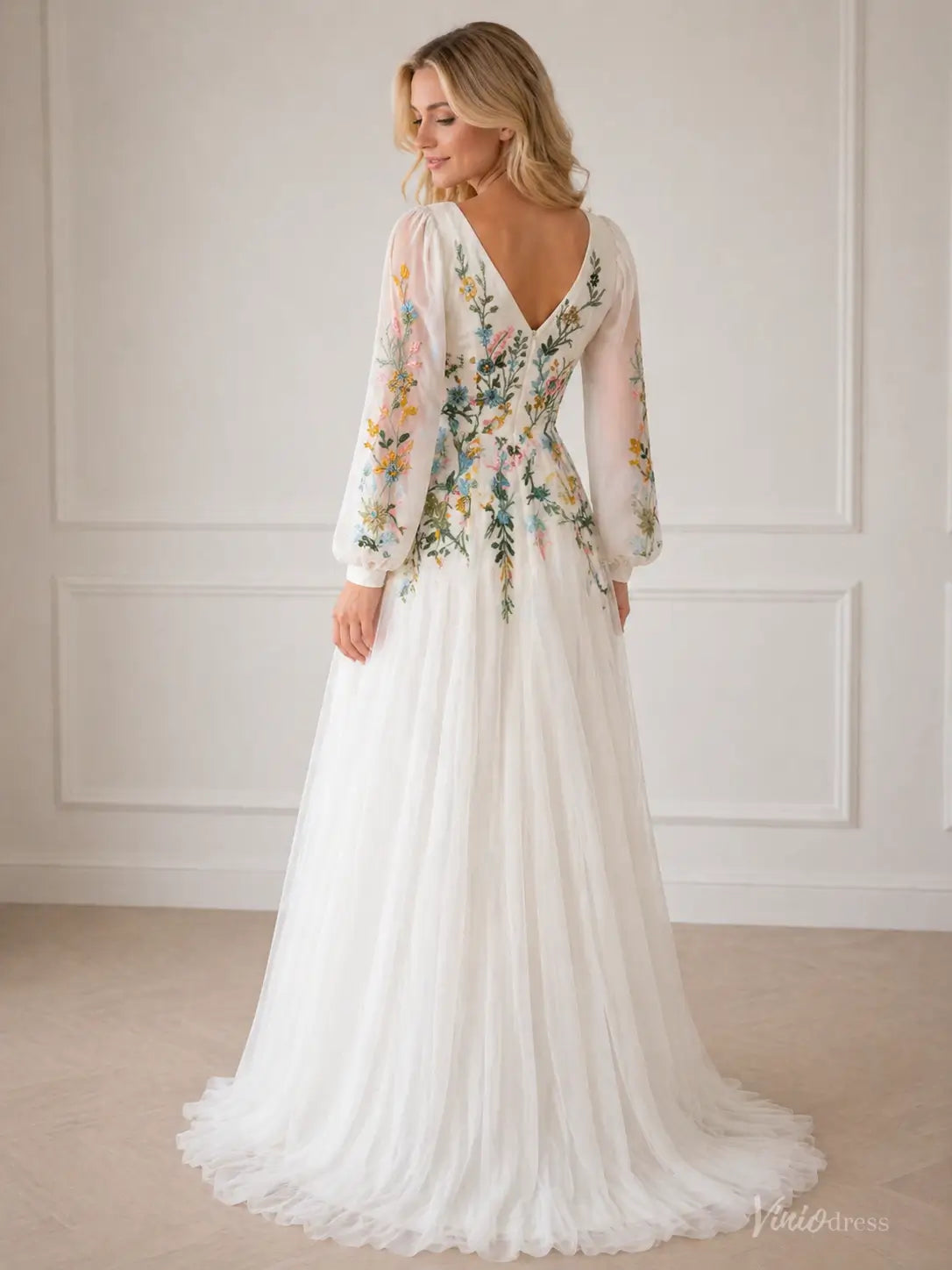 Colored Botanical Wedding Dress | Boho V-Neck Floral Embroidered Gown with Long Bishop Sleeves FW213-wedding dresses 2026-Viniodress-Ivory-Custom Size – Add Measurements in Cart-
