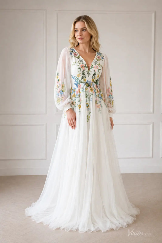 Colored Botanical Wedding Dress | Boho V-Neck Floral Embroidered Gown with Long Bishop Sleeves FW213-wedding dresses 2026-Viniodress-Ivory-Custom Size – Add Measurements in Cart-