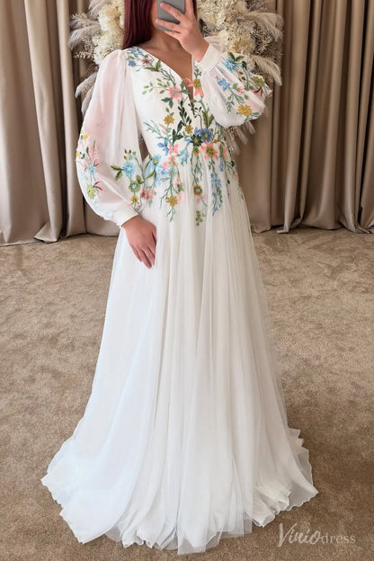 Colored Botanical Wedding Dress | Boho V-Neck Floral Embroidered Gown with Long Bishop Sleeves FW213-wedding dresses 2025 -Viniodress-Ivory-Custom Size-