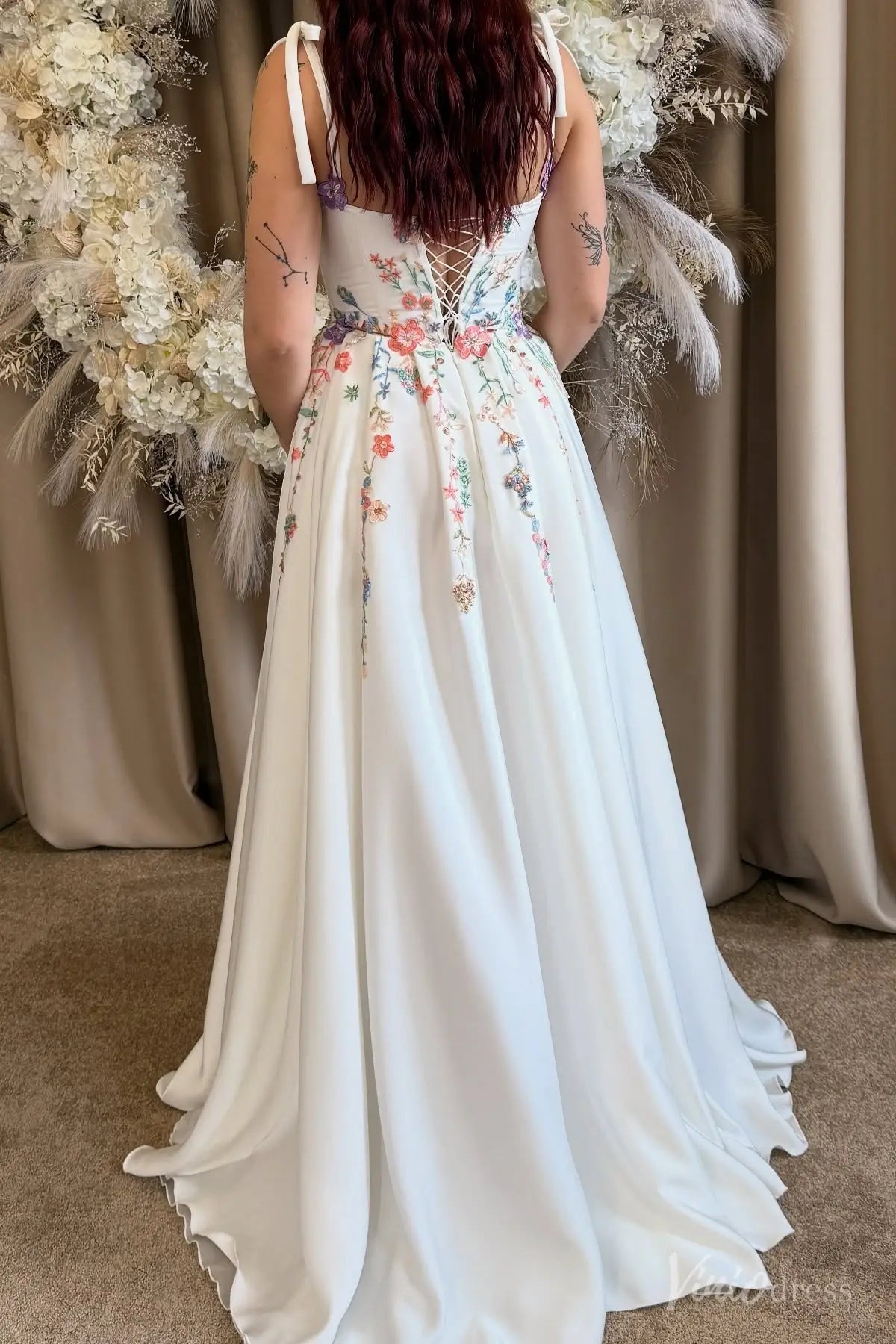Colored Floral Embroidered Wedding Dresses with Slit & Strap Fairytale Bridal Gown FW205-wedding dresses 2025 -Viniodress-Ivory-Custom Size-