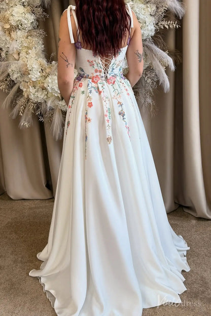 Colored Floral Embroidered Wedding Dresses with Slit & Strap Fairytale Bridal Gown FW205-wedding dresses 2025 -Viniodress-Ivory-Custom Size-