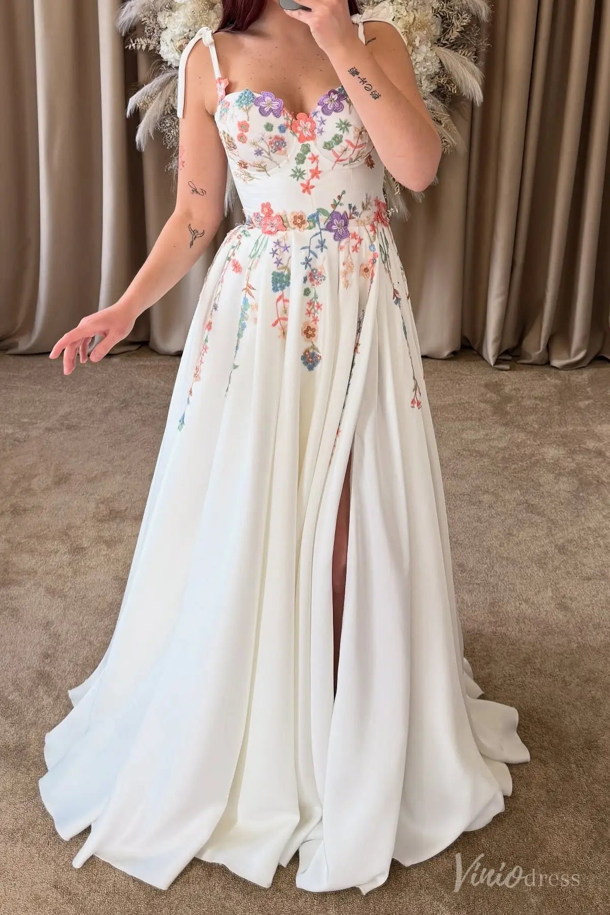 Colored Floral Embroidered Wedding Dresses with Slit & Strap Fairytale Bridal Gown FW205-wedding dresses 2025 -Viniodress-Ivory-Custom Size-