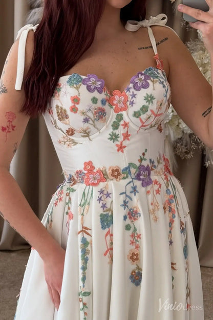 Colored Floral Embroidered Wedding Dresses with Slit & Strap Fairytale Bridal Gown FW205-wedding dresses 2025 -Viniodress-Ivory-Custom Size-