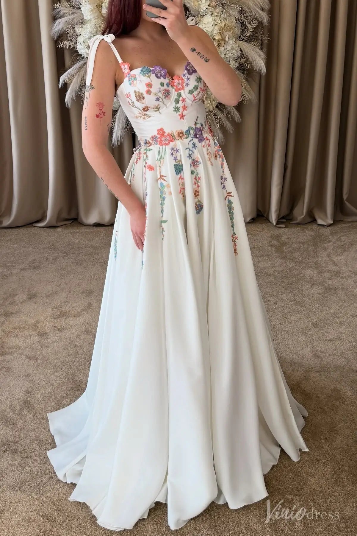 Colored Floral Embroidered Wedding Dresses with Slit & Strap Fairytale Bridal Gown FW205-wedding dresses 2025 -Viniodress-Ivory-Custom Size-