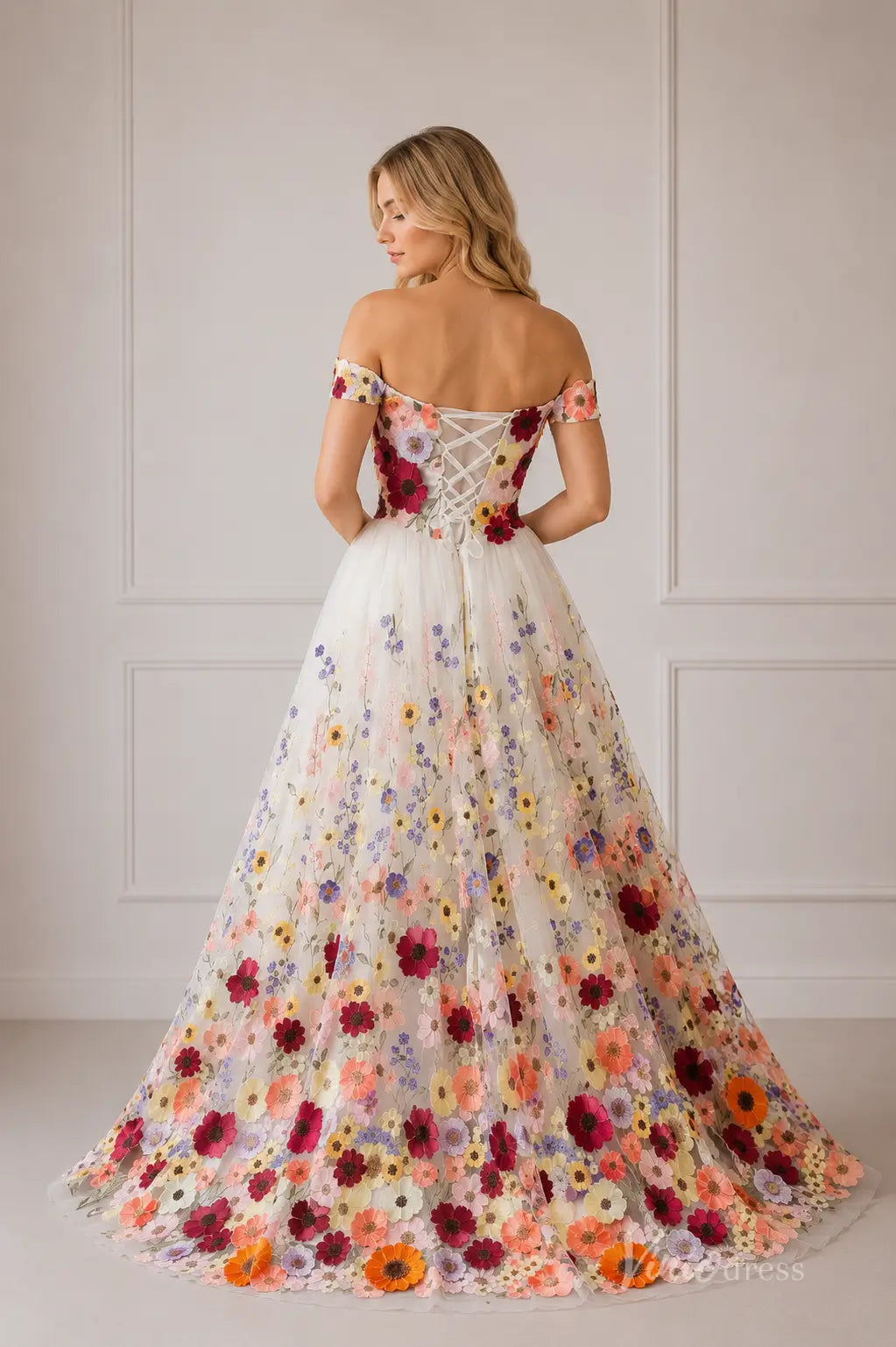 Colorful 3D Floral Off-Shoulder Ball Gown Wedding Dress with Sweetheart Neckline – FW281-wedding dresses 2026-Viniodress-Ivory-Custom Size – Add Measurements in Cart-