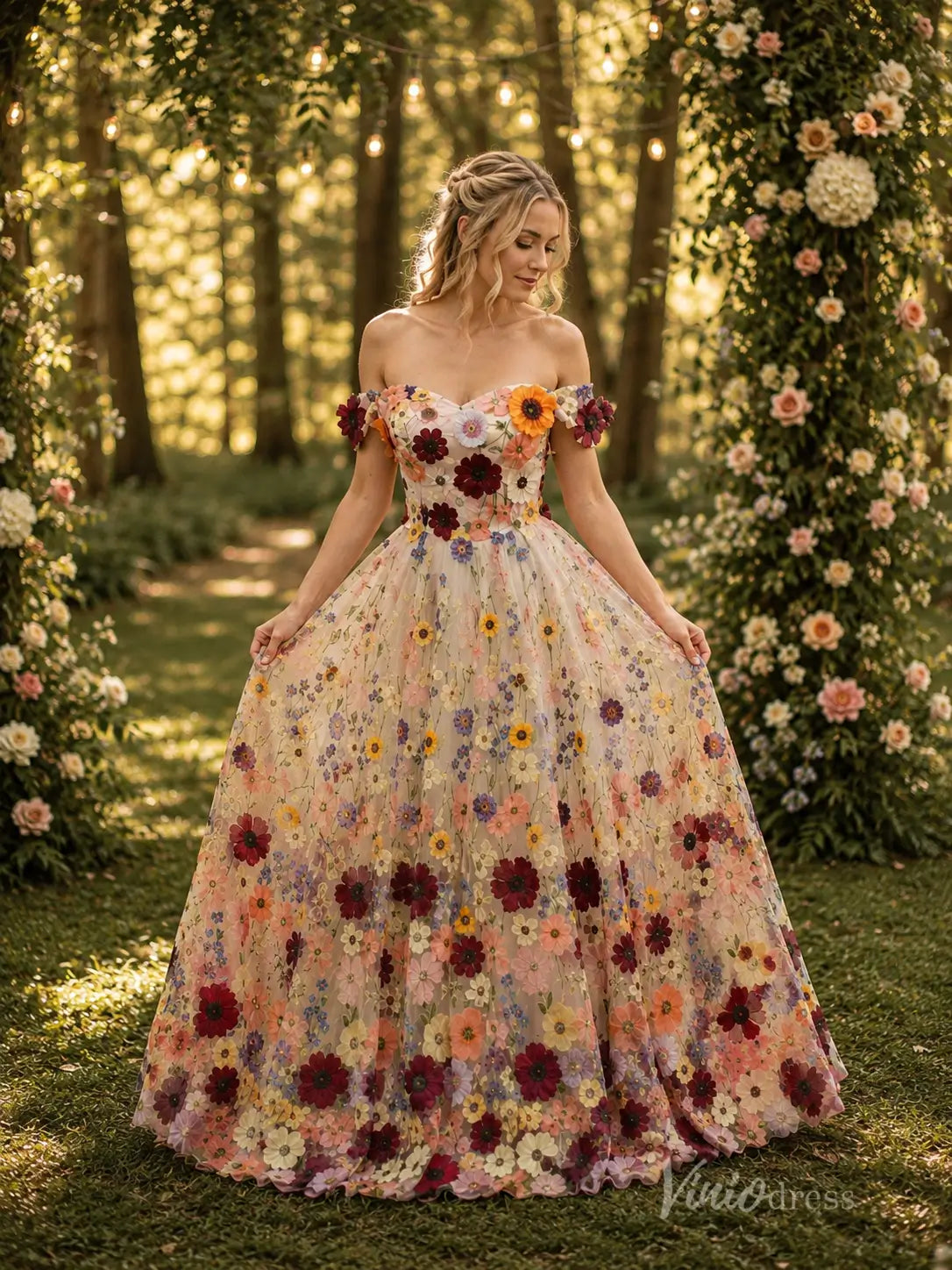 Colorful 3D Floral Off-Shoulder Ball Gown Wedding Dress with Sweetheart Neckline – FW281-wedding dresses 2026-Viniodress-Ivory-Custom Size – Add Measurements in Cart-