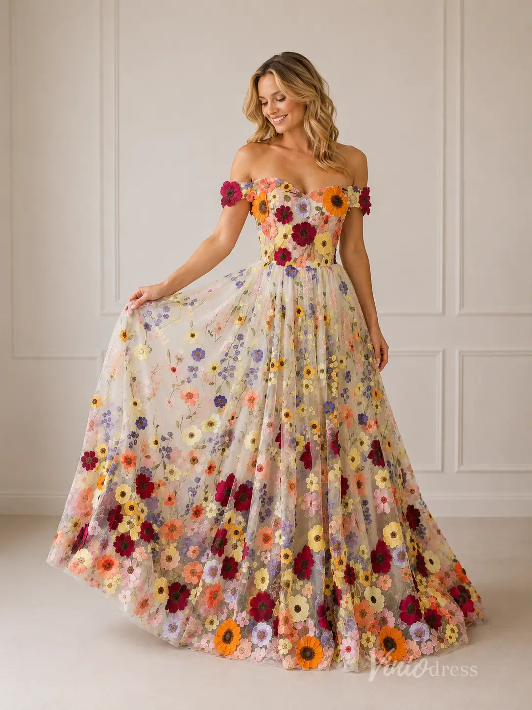 Colorful 3D Floral Off-Shoulder Ball Gown Wedding Dress with Sweetheart Neckline – FW281-wedding dresses 2026-Viniodress-Ivory-Custom Size – Add Measurements in Cart-