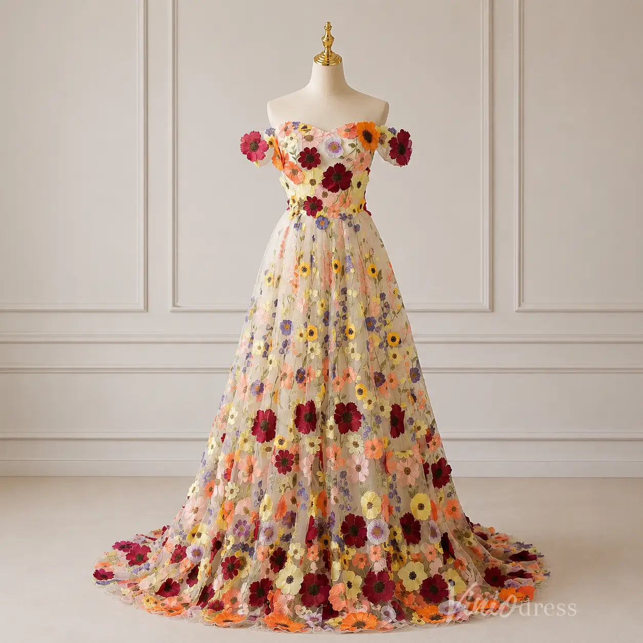 Colorful 3D Floral Off-Shoulder Ball Gown Wedding Dress with Sweetheart Neckline – FW281-wedding dresses 2026-Viniodress-Ivory-Custom Size – Add Measurements in Cart-