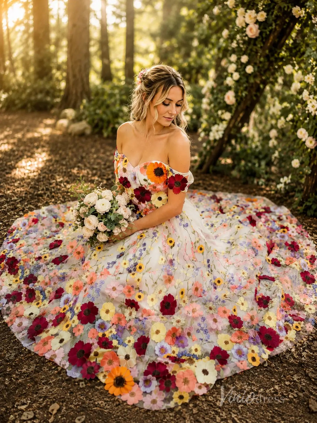 Colorful 3D Floral Off-Shoulder Ball Gown Wedding Dress with Sweetheart Neckline – FW281-wedding dresses 2026-Viniodress-Ivory-Custom Size – Add Measurements in Cart-