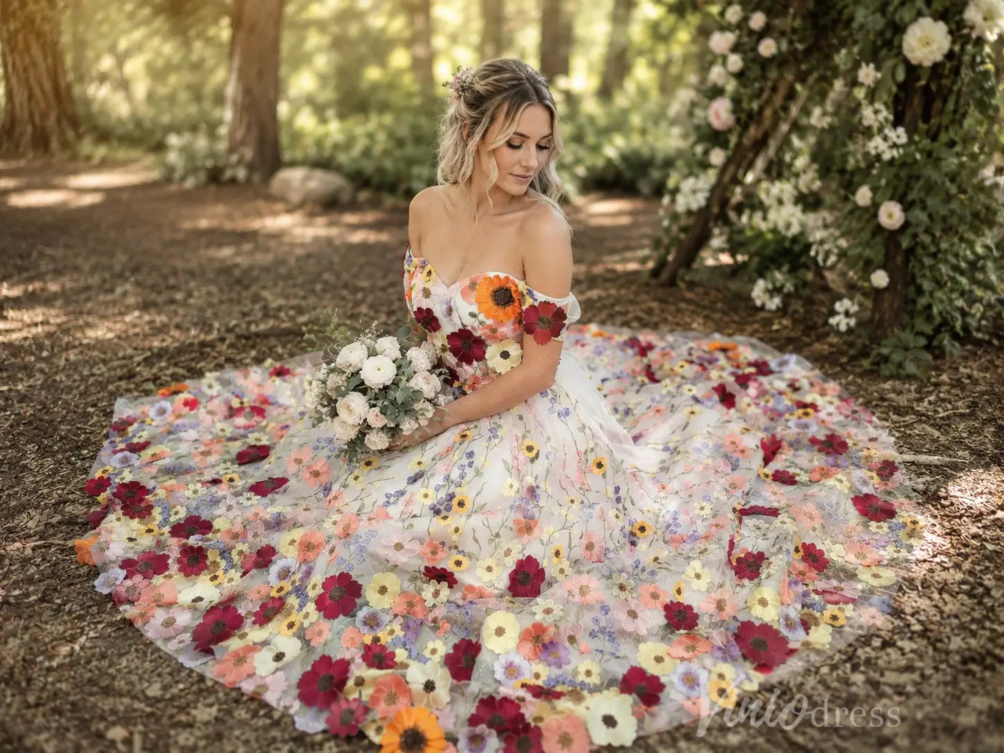 Colorful 3D Floral Off-Shoulder Ball Gown Wedding Dress with Sweetheart Neckline – FW281-wedding dresses 2026-Viniodress-Ivory-Custom Size – Add Measurements in Cart-