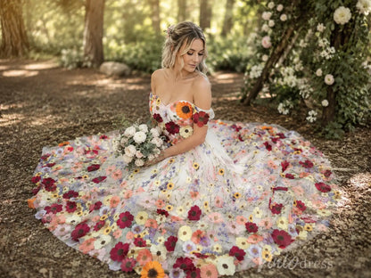 Colorful 3D Floral Off-Shoulder Ball Gown Wedding Dress with Sweetheart Neckline – FW281-wedding dresses 2026-Viniodress-Ivory-Custom Size – Add Measurements in Cart-