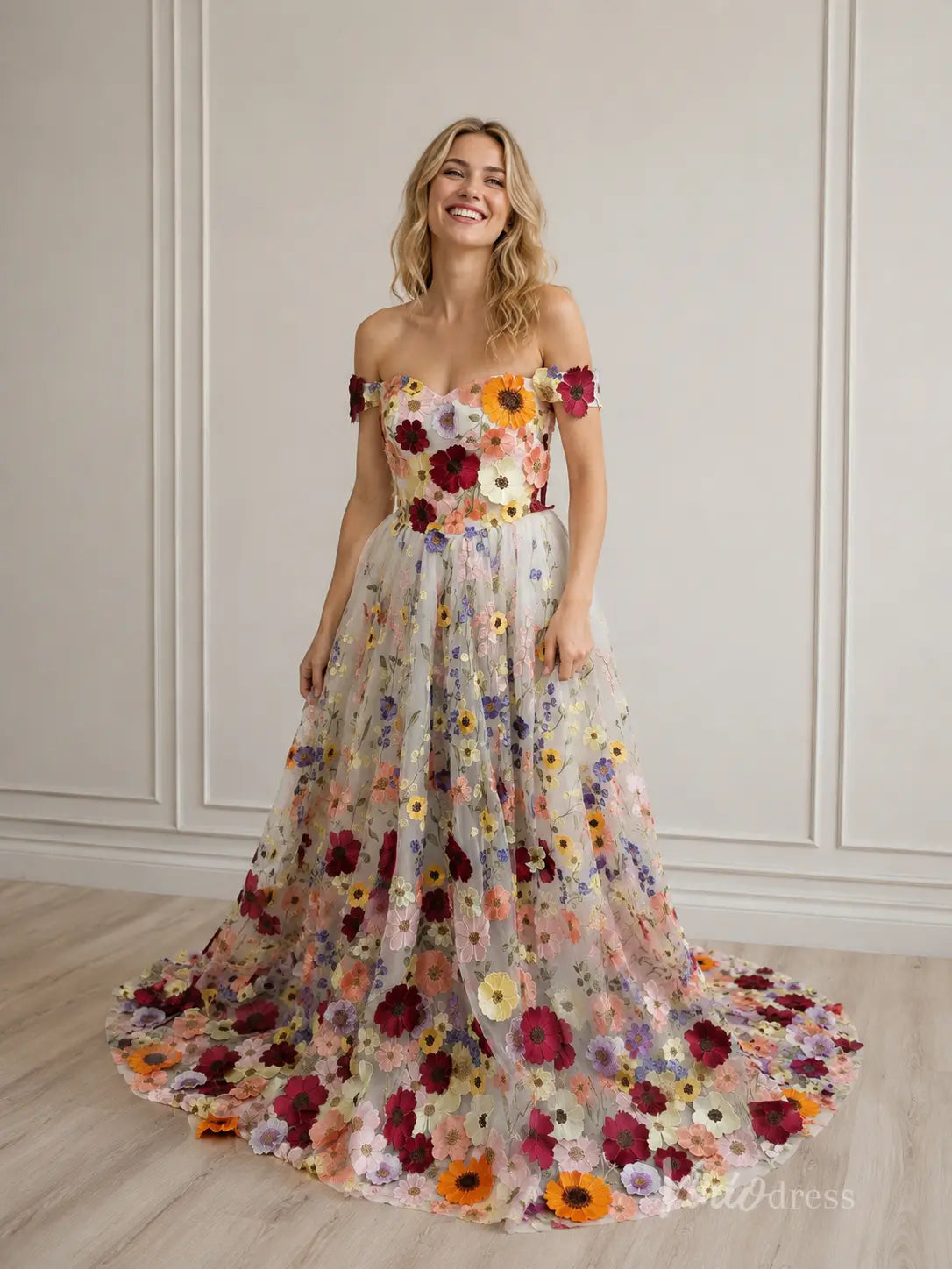 Colorful 3D Floral Off-Shoulder Ball Gown Wedding Dress with Sweetheart Neckline – FW281-wedding dresses 2026-Viniodress-Ivory-Custom Size – Add Measurements in Cart-