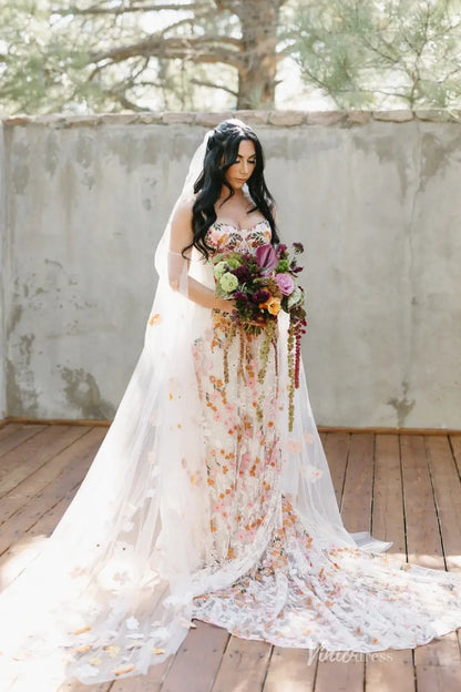 Colorful Floral Bohemian Wedding Dresses with Cape Sleeves and Veil BH110-wedding dresses 2025 -Viniodress-Floral-Dress Only-Custom Size