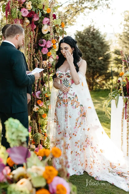 Colorful Floral Bohemian Wedding Dresses with Cape Sleeves and Veil BH110-wedding dresses 2025 -Viniodress-Floral-Dress Only-Custom Size