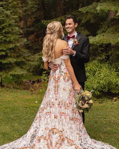 Colorful Floral Bohemian Wedding Dresses with Cape Sleeves and Veil BH110-wedding dresses 2025 -Viniodress-Floral-Dress Only-Custom Size