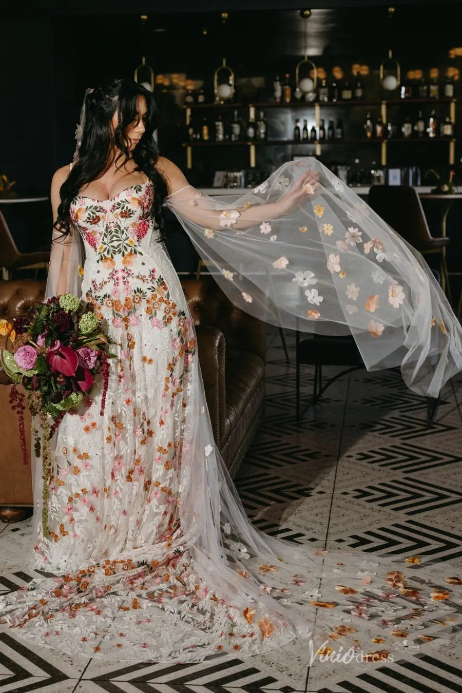 Colorful Floral Bohemian Wedding Dresses with Cape Sleeves and Veil BH110-wedding dresses 2025 -Viniodress-Floral-Dress Only-Custom Size