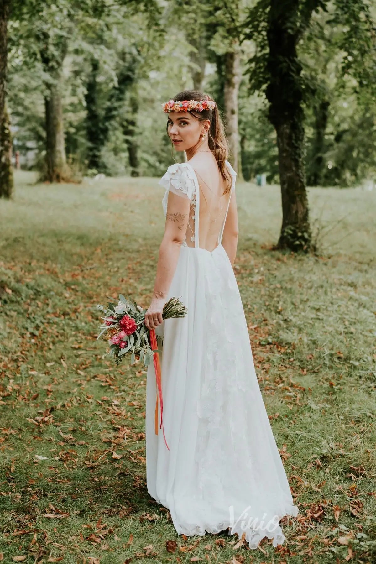 Colorful Floral Boho Wedding Dresses | Backless A-Line Chiffon Gown with Cap Sleeves FW112-wedding dresses 2025 -Viniodress-Floral-Custom Size-