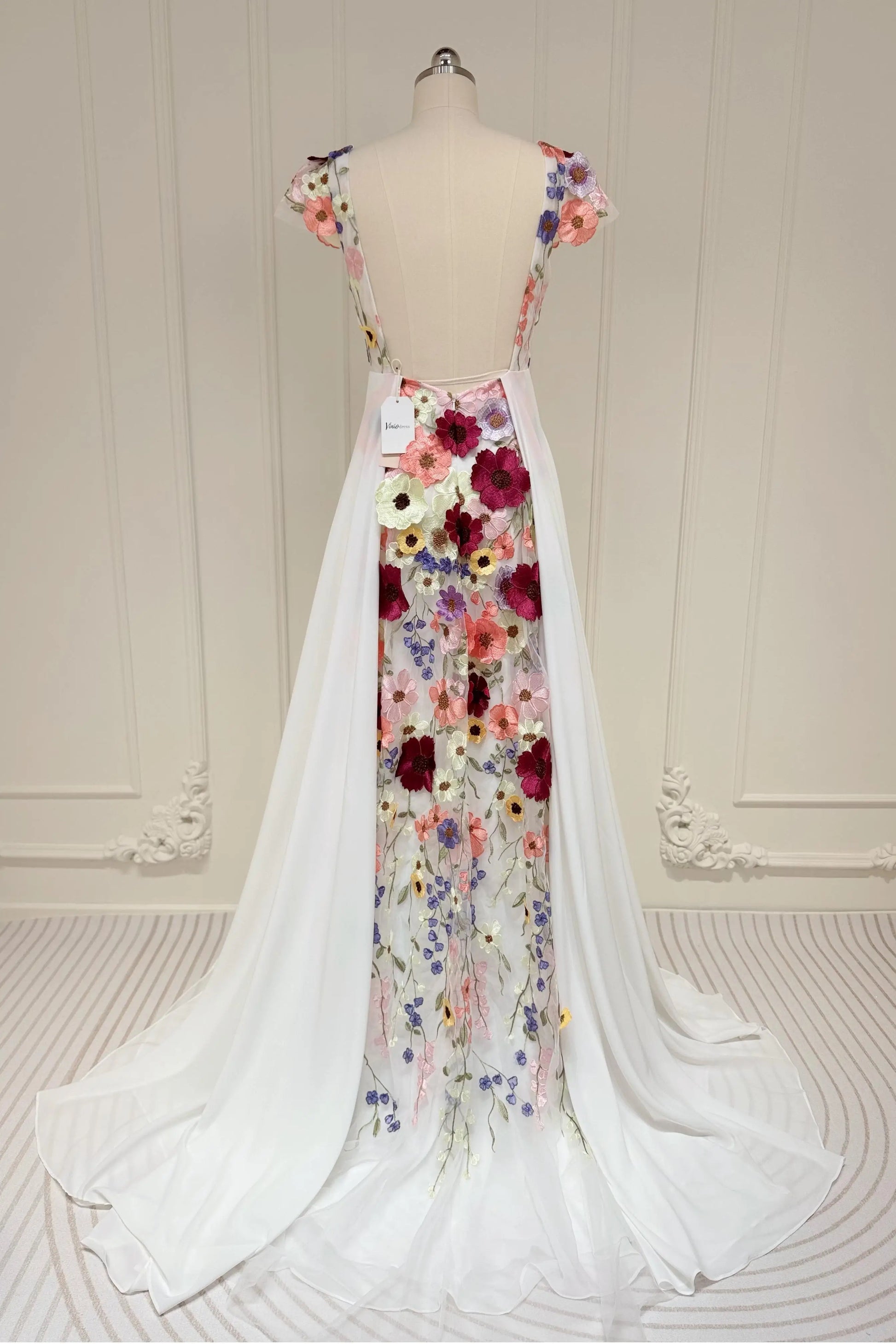 Colorful Floral Boho Wedding Dresses | Backless A-Line Chiffon Gown with Cap Sleeves FW112-wedding dresses 2025 -Viniodress-Floral-Custom Size-
