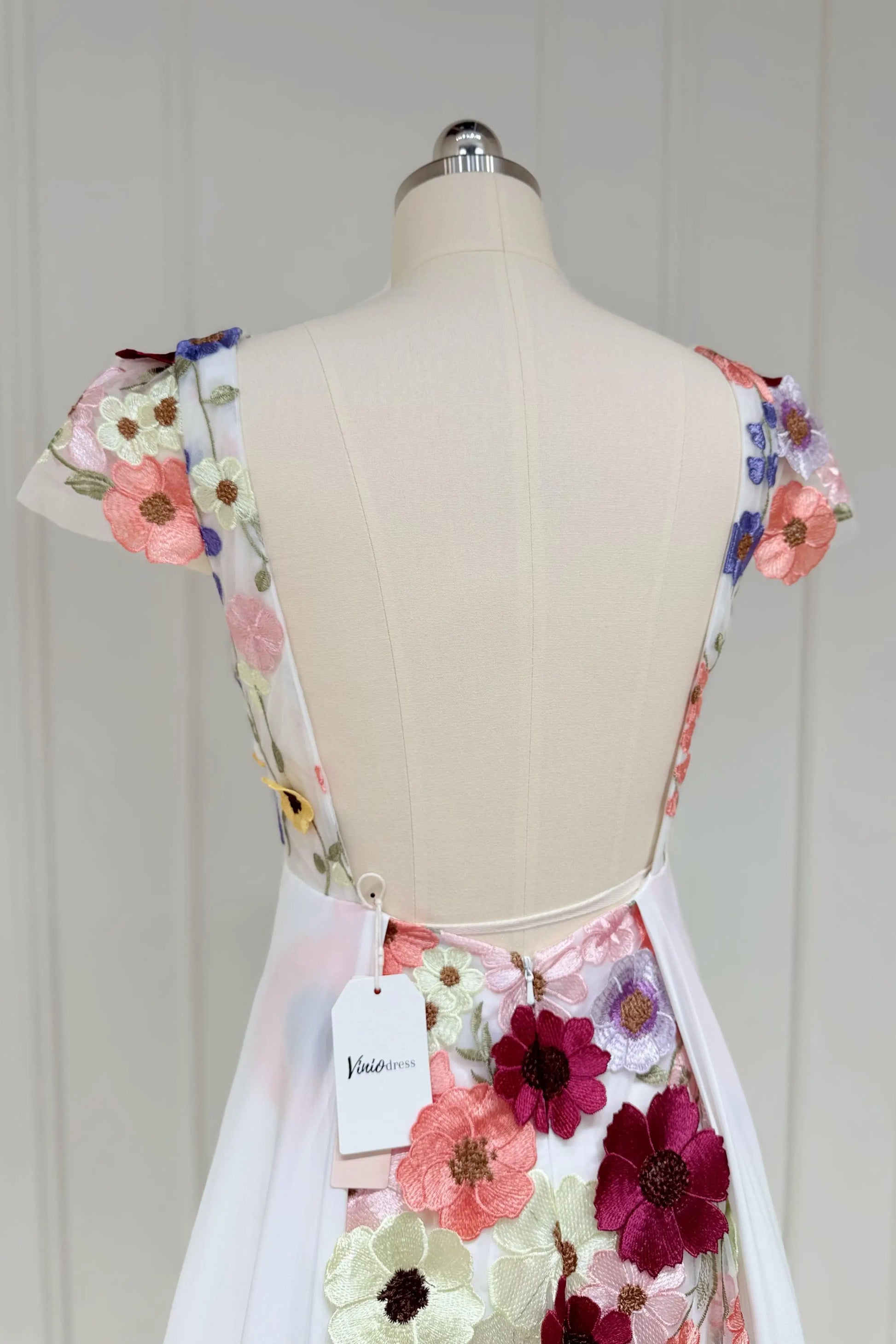 Colorful Floral Boho Wedding Dresses | Backless A-Line Chiffon Gown with Cap Sleeves FW112-wedding dresses 2025 -Viniodress-Floral-Custom Size-