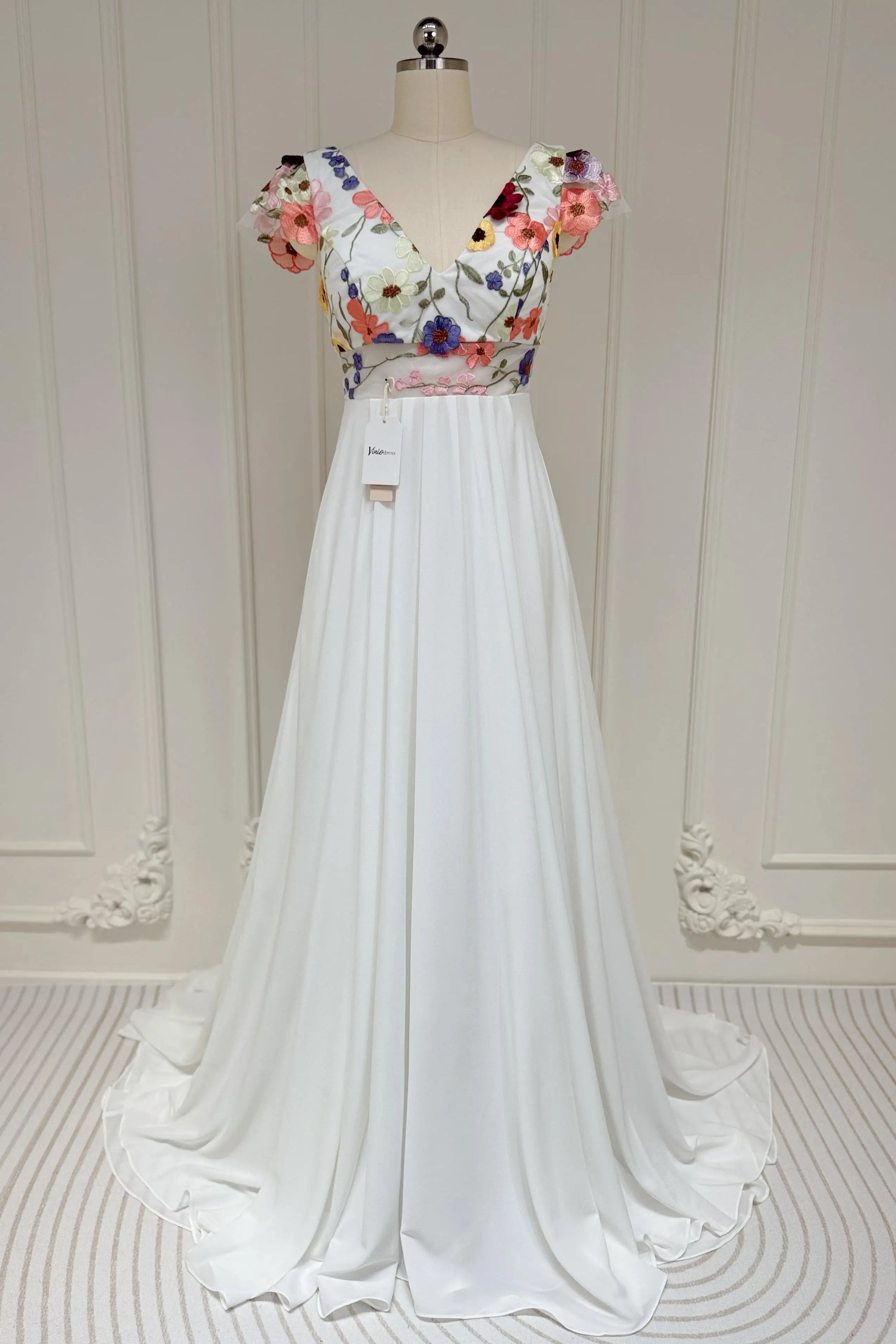 Colorful Floral Boho Wedding Dresses | Backless A-Line Chiffon Gown with Cap Sleeves FW112-wedding dresses 2025 -Viniodress-Floral-Custom Size-