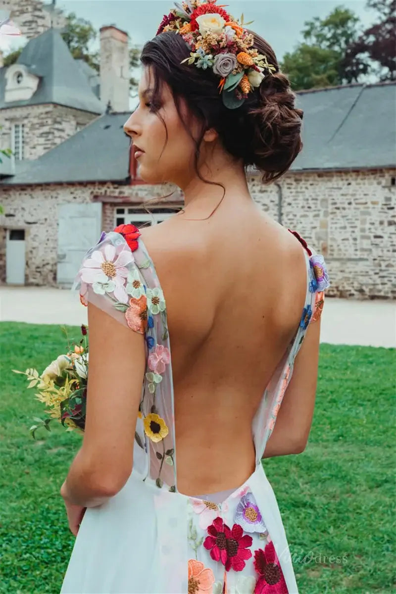 Colorful Floral Boho Wedding Dresses | Backless A-Line Chiffon Gown with Cap Sleeves FW112-wedding dresses 2025 -Viniodress-Floral-Custom Size-