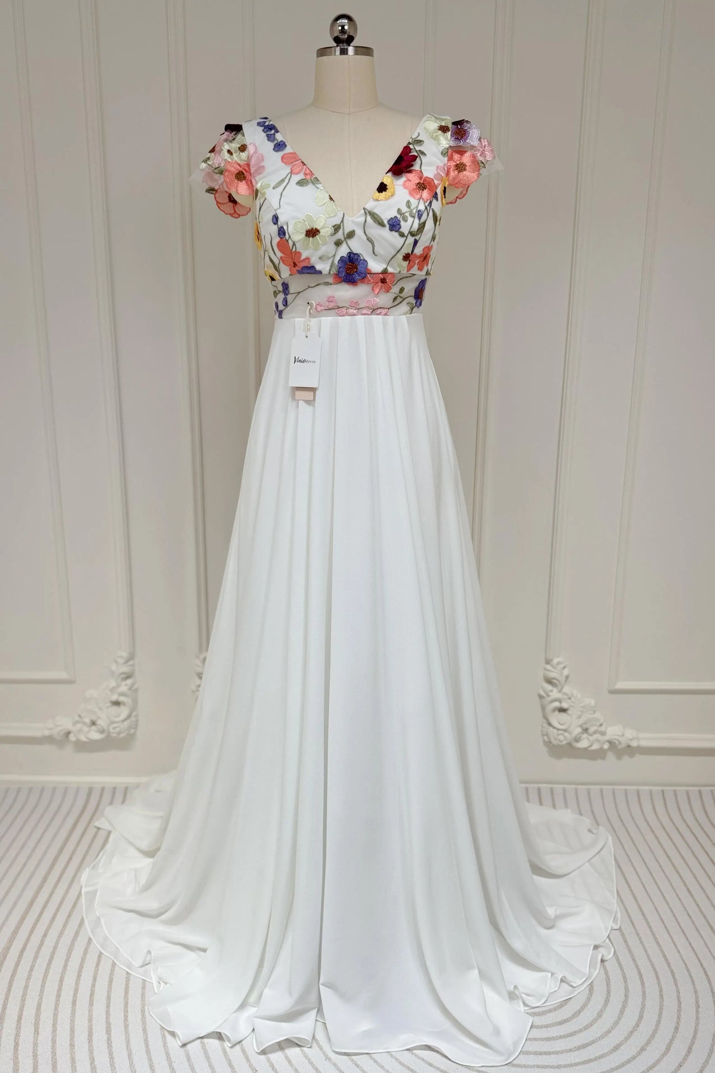 Colorful Floral Boho Wedding Dresses | Backless A-Line Chiffon Gown with Cap Sleeves FW112-wedding dresses 2025 -Viniodress-Floral-Custom Size-