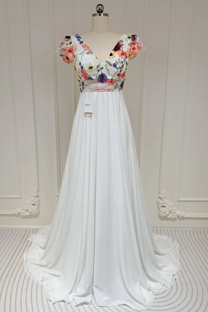 Colorful Floral Boho Wedding Dresses | Backless A-Line Chiffon Gown with Cap Sleeves FW112-wedding dresses 2025 -Viniodress-Floral-Custom Size-
