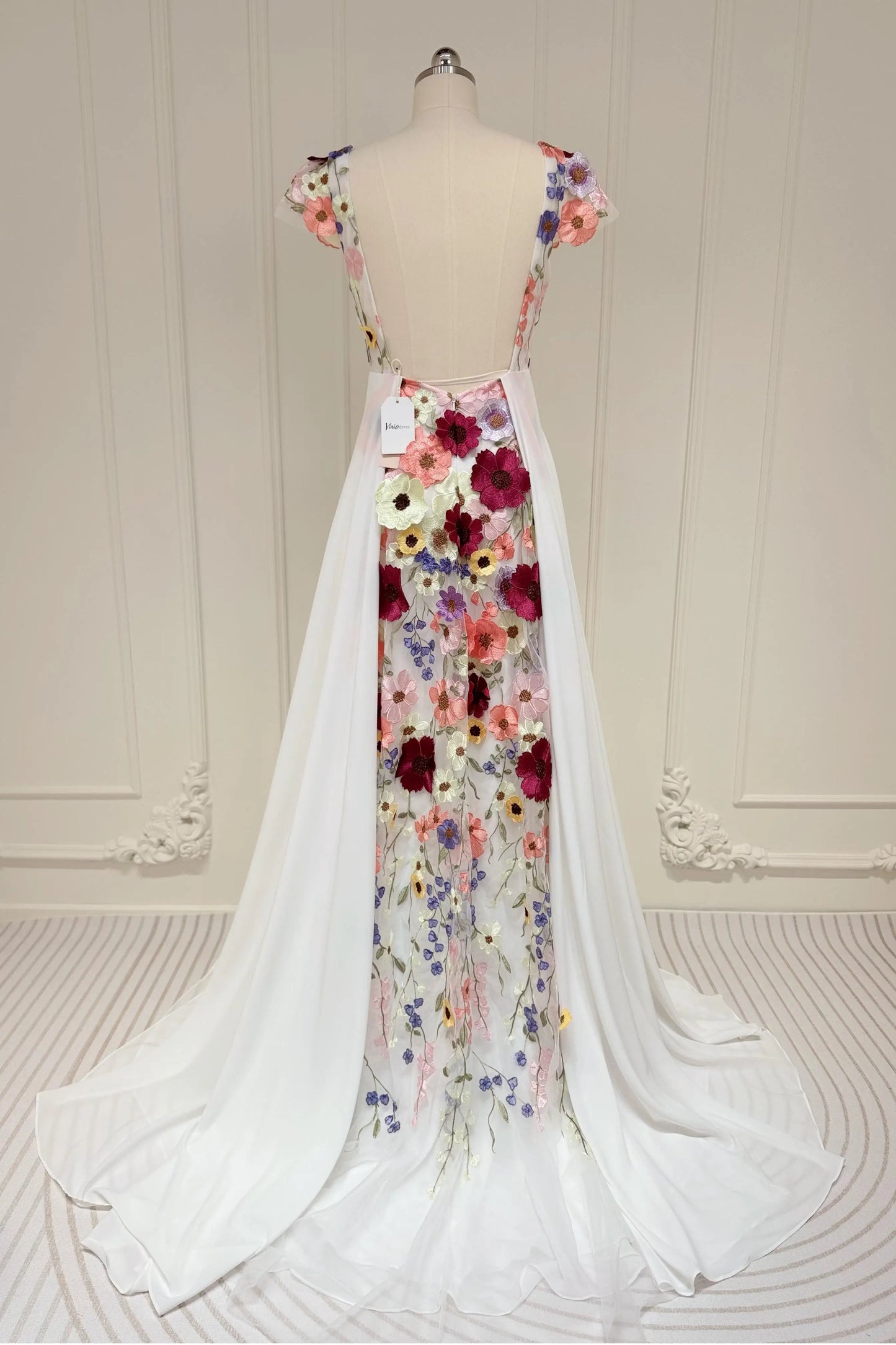 Colorful Floral Boho Wedding Dresses | Backless A-Line Chiffon Gown with Cap Sleeves FW112-wedding dresses 2025 -Viniodress-Floral-Custom Size-