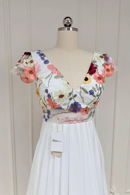Colorful Floral Boho Wedding Dresses | Backless A-Line Chiffon Gown with Cap Sleeves FW112-wedding dresses 2025 -Viniodress-Floral-Custom Size-
